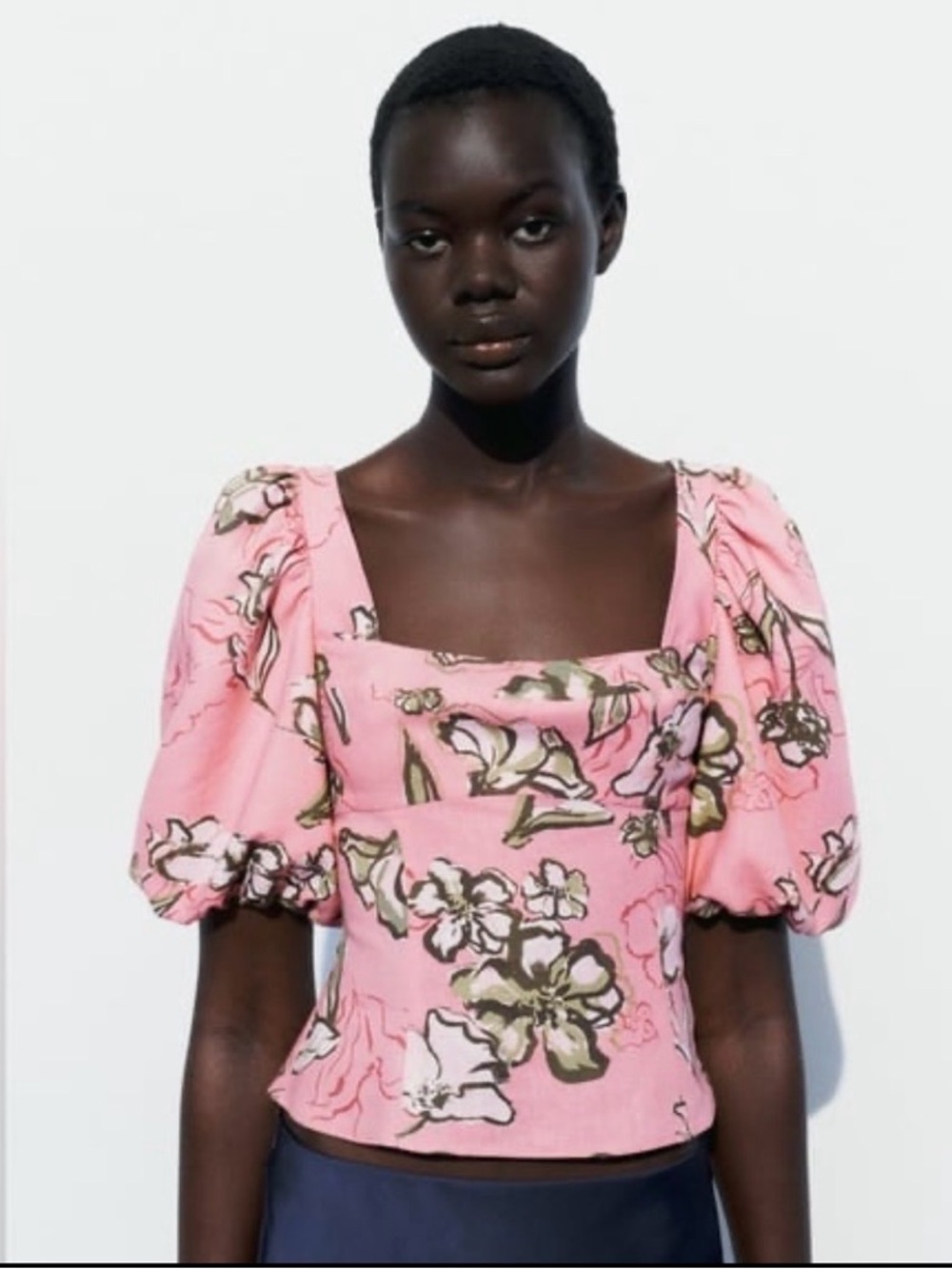 Zara linen blend printed top in pink floral